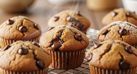 Indulge in freshly baked chocolate chip muffins cooling on a wire rack, perfect for breakfast, brunch, or a sweet treat any time of day, capturing the warmth of home
