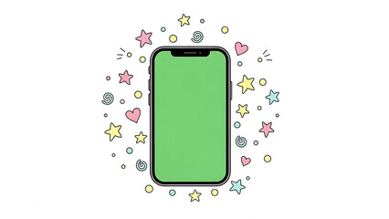 Green Screen Smartphone surrounded by stars and hearts for mockups