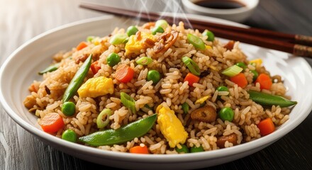 Enjoy delicious homemade fried rice with peas, carrots, egg, and scallions served steaming hot for a quick and easy weeknight dinner that everyone will love