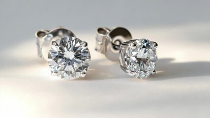 A pair of diamond earrings sit on a clean white surface, ideal for use in jewelry or accessory promotions