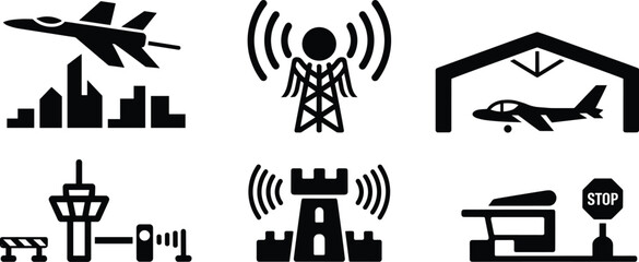 Black silhouette icons of aviation infrastructure and airport security, ideal for air traffic control, radar systems, and travel vector illustration themes