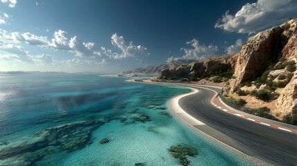 Obraz premium Winding coastal race track runs along stunning turquoise ocean under a clear blue sky.