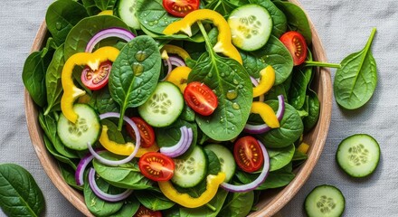 Delicious healthy salad with fresh spinach, tomatoes, cucumbers, peppers, and red onions ready to boost energy levels and promote wellness through healthy eating