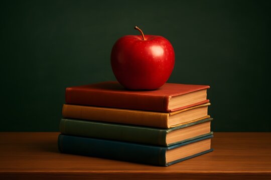 Red apple on stack of vintage books