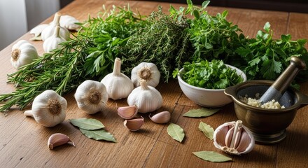 Fresh garlic and herbs like rosemary, thyme, and parsley arranged artfully on a rustic wooden table ready for cooking a healthy and flavorful meal