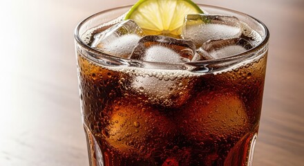 Refreshing cola cocktail with ice cubes and lime, perfect for hot summer days, enjoy the cool bubbly beverage at your next party for happy moments