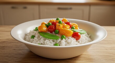 Enjoy a delicious bowl of rice topped with fresh vegetables for a healthy and vibrant meal, perfect for a quick lunch or a light dinner at home