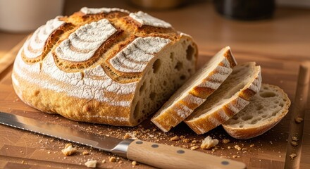 Freshly baked sourdough bread loaf sliced on wooden board with rustic knife, a delicious and inviting image for bakery or food blog promotions, perfect for cooking