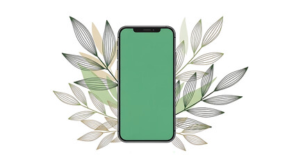 Modern smartphone mockup with a green screen display framed by elegant botanical leaves on a white background, a concept for nature and technology