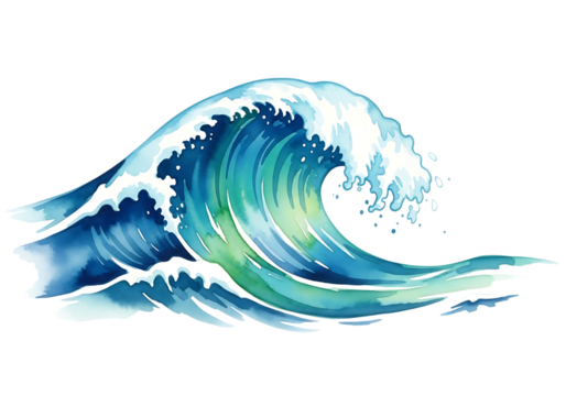 Vibrant blue green watercolor wave with white foam art element