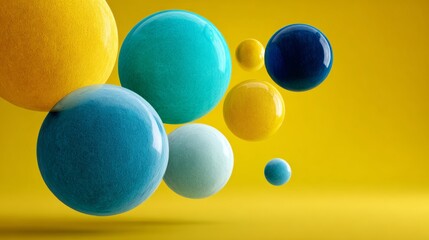 Colorful glossy spheres in various sizes, floating against a vibrant yellow background, creating a playful and dynamic visual composition with a modern artistic flair