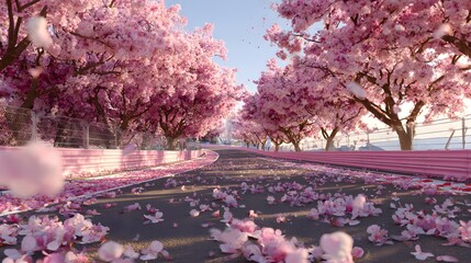 Obraz premium A race track winding through blooming pink cherry blossom trees on a sunny day.