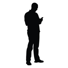 Man Standing and Using Smartphone Silhouette Vector Illustration