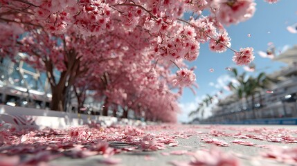 Obraz premium A race track winding through blooming pink cherry blossom trees on a sunny day.
