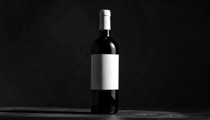Dark glass bottle with blank white label and white cap on dark textured background wine