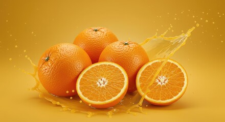 Vibrant oranges with splashing juice against sunny yellow background, perfect for healthy lifestyle blogs, juice ads, and vitamin C campaigns