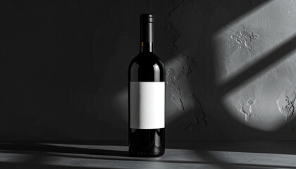 Dark glass wine bottle with blank white label against textured dark wall and shadows red wine