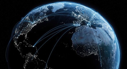 Global network connecting cities at night, visualize worldwide business connections and digital communication, futuristic earth with glowing city lights