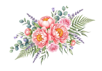 Watercolor pink peony, rose, lavender, eucalyptus floral bouquet