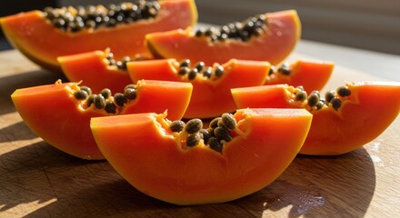 Enjoy vibrant papaya slices on wooden board, perfect for healthy living blogs or tropical recipe promotions, showcasing fresh fruit and natural goodness beautifully