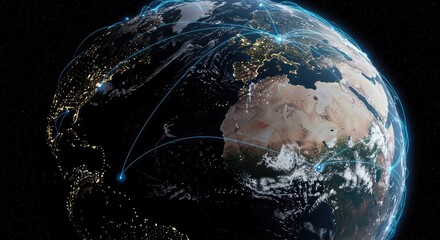 Global network connecting continents, showcasing worldwide communication and technology, a modern visual for international business and futuristic concepts