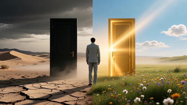 Businessman between choose desert and meadow facing bright and dark doors, symbolizing decision point, future direction