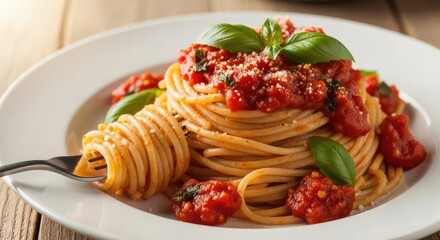 Enjoy a delicious plate of spaghetti with fresh tomato sauce and basil, perfect for your next Italian themed dinner party or restaurant menu promotion