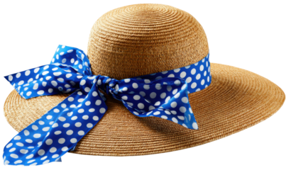 Stylish Sun Hat with Blue Ribbon: A chic sun hat, its woven straw texture complemented by a vibrant blue ribbon adorned with white polka dots, evokes a sense of summer charm and playful elegance.