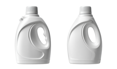 Cleanse and Refresh: Twin, pristine white detergent bottles, poised against a clean backdrop, offer a promise of freshness and purity.