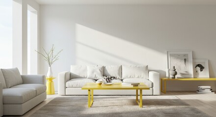 Inviting minimalist living room interior with bright yellow accents creates a calming and sophisticated space, perfect for modern home decor inspiration