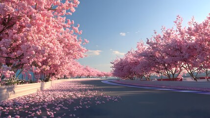 Obraz premium A race track winding through blooming pink cherry blossom trees on a sunny day.