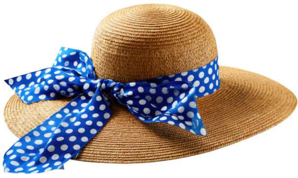 Stylish Sun Hat with Blue Ribbon: A chic sun hat, its woven straw texture complemented by a vibrant blue ribbon adorned with white polka dots, evokes a sense of summer charm and playful elegance.