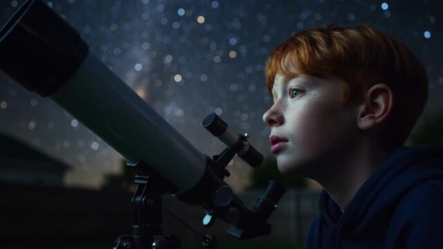 Young boy looking through a telescope at the starry night sky. Child gazing up with wonder and curiosity in a backyard. Astronomy and space exploration concept