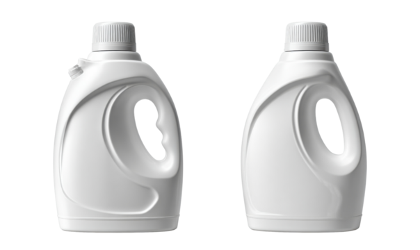 Cleanse and Refresh: Twin, pristine white detergent bottles, poised against a clean backdrop, offer a promise of freshness and purity.