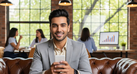 A confident young Indian professional in a light grey blazer sits on a leather sofa in a modern office