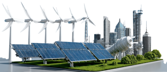 Eco-City's Renewable Promise: A vision of a sustainable future, showcasing a harmonious blend of solar panels and wind turbines with a cityscape, illustrating the power of renewable energy.