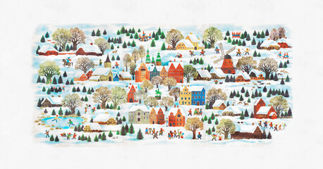 Fairy Tale Winter Town, watercolor illustration. Cute Christmas Village in the snow, landscape. Merry Christmas and Happy New Year Background