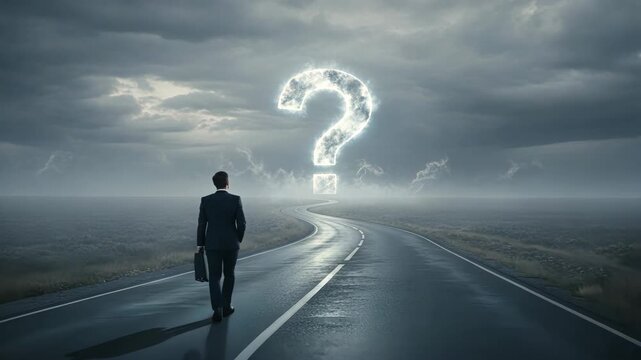Businessman walking alone on wet winding road toward glowing question mark, decision point, future direction