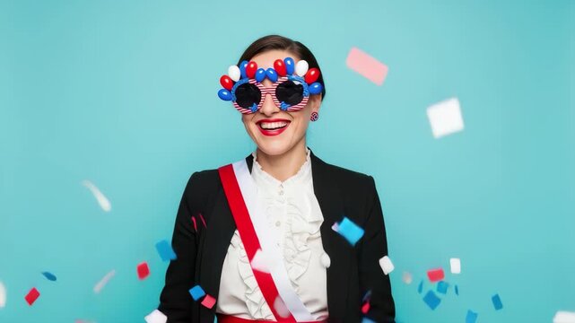 Joyful woman in festive glasses and sash celebrates under falling confetti, pure elation 4k high quality footage