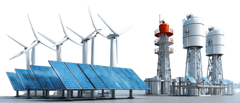 Renewable Energy Array: A collection of sustainable technologies including solar panels, wind turbines, and industrial towers.