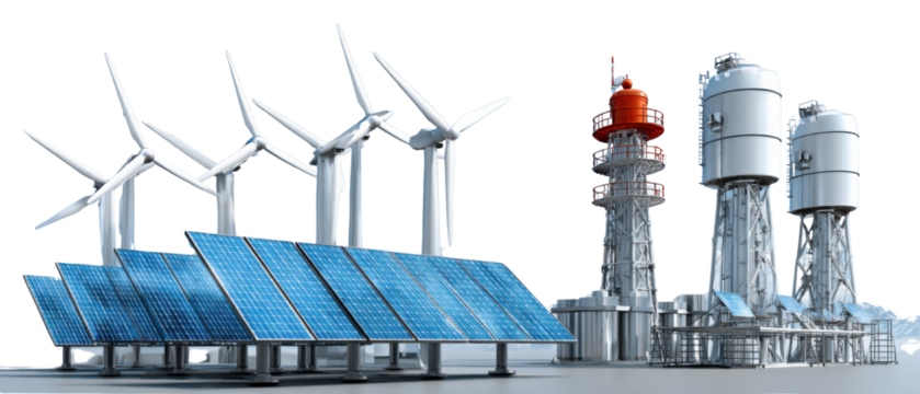 Renewable Energy Array: A collection of sustainable technologies including solar panels, wind turbines, and industrial towers.