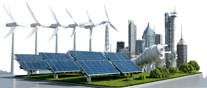 Eco-City's Renewable Promise: A vision of a sustainable future, showcasing a harmonious blend of solar panels and wind turbines with a cityscape, illustrating the power of renewable energy.