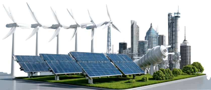 Eco-City's Renewable Promise: A vision of a sustainable future, showcasing a harmonious blend of solar panels and wind turbines with a cityscape, illustrating the power of renewable energy.