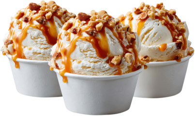 Sweet Temptation: A delightful trio of ice cream cups, each crowned with a luscious drizzle of caramel and a sprinkle of nuts, offering a refreshing and irresistible treat.