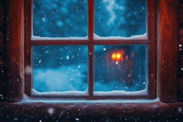 Winter wooden window frame with snow looking into cold