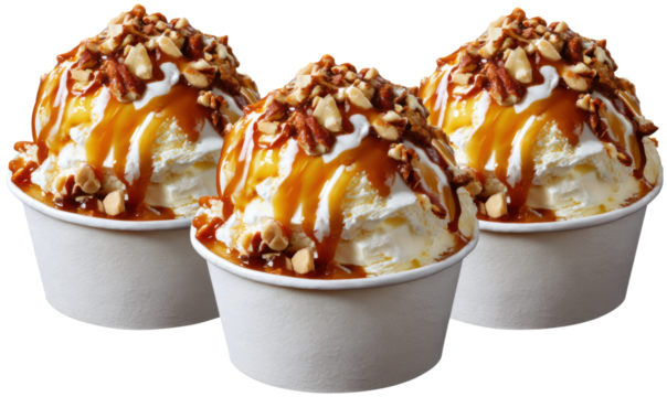 Caramel Sundae Cups: Indulge in a trio of delightful sundae cups, overflowing with creamy vanilla ice cream, drizzled in luscious caramel, and adorned with a delightful sprinkle of chopped nuts. 