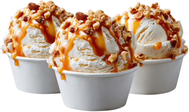 Sweet Temptation: A delightful trio of ice cream cups, each crowned with a luscious drizzle of caramel and a sprinkle of nuts, offering a refreshing and irresistible treat.