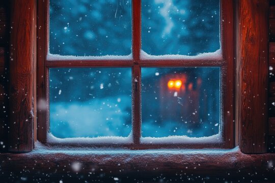  Winter wooden window frame with snow looking into cold 