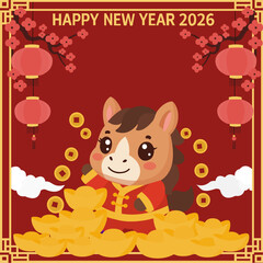 Happy New Year background 2026. Year of the horse. Vector illustration