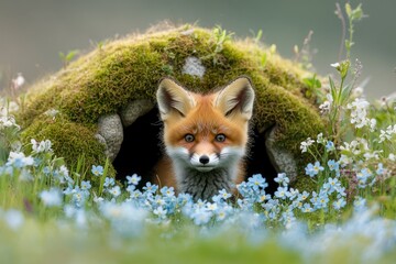 Naklejka premium Cute baby red fox peeking from mossy den surrounded by 